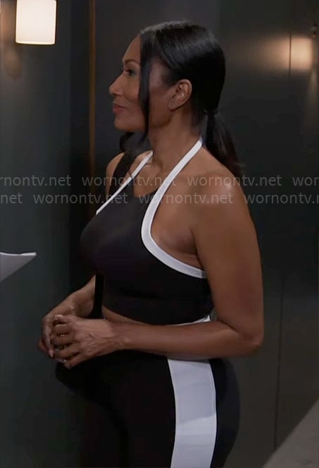 Leslie's black and white halter top and leggings set on Beyond the Gates