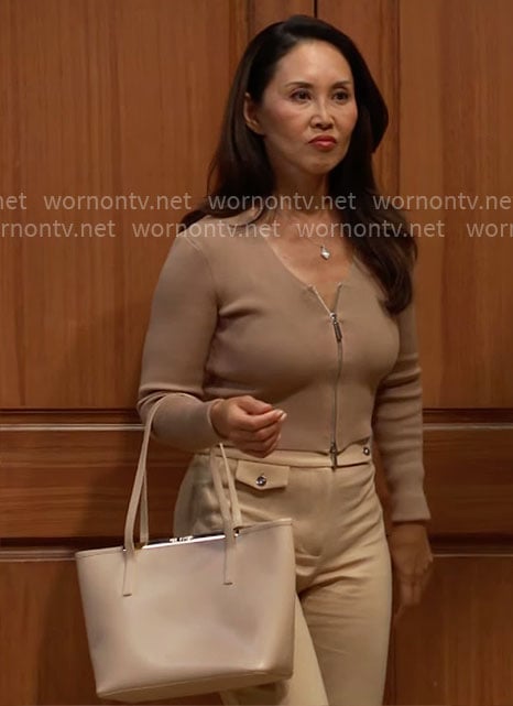 Li's beige pants and zip up cardigan on The Bold and the Beautiful