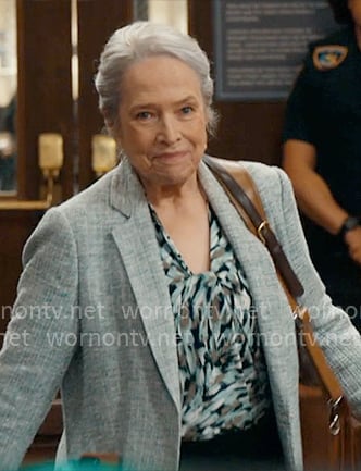 Madeline's brushstroke print top and grey tweed blazer on Matlock