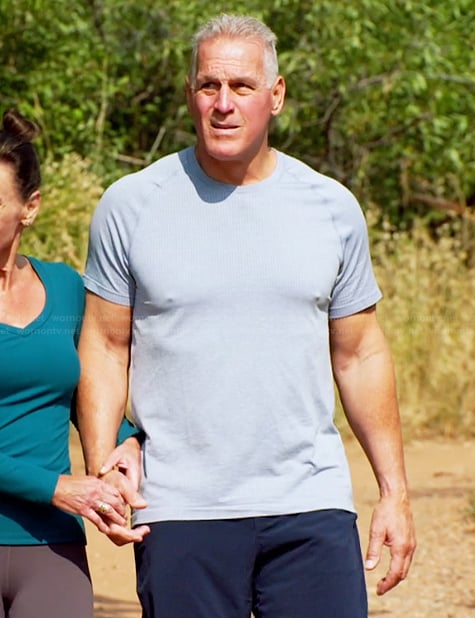 Mel's blue textured tee on The Golden Bachelor