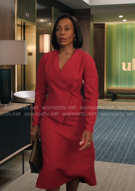 Mia's red asymmetric jacket and skirt set on The Morning Show