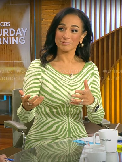 Michelle Miller's green zebra print dress on CBS Mornings