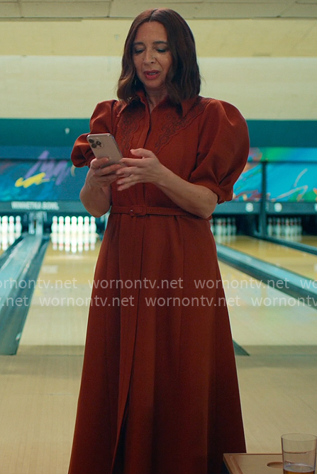 Molly's rust orange puff-sleeve shirtdress on Loot