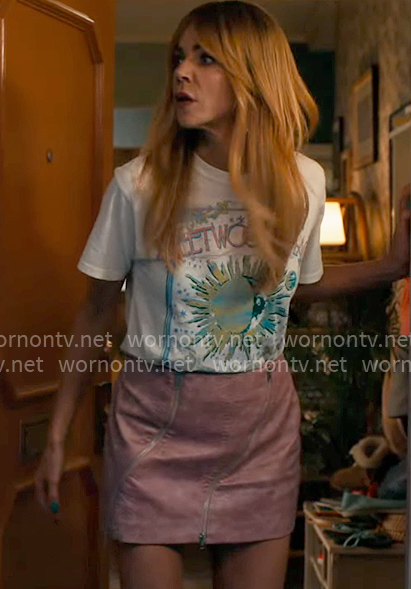 Morgan's Fleetwood Mac t-shirt and pink mini skirt on High Potential