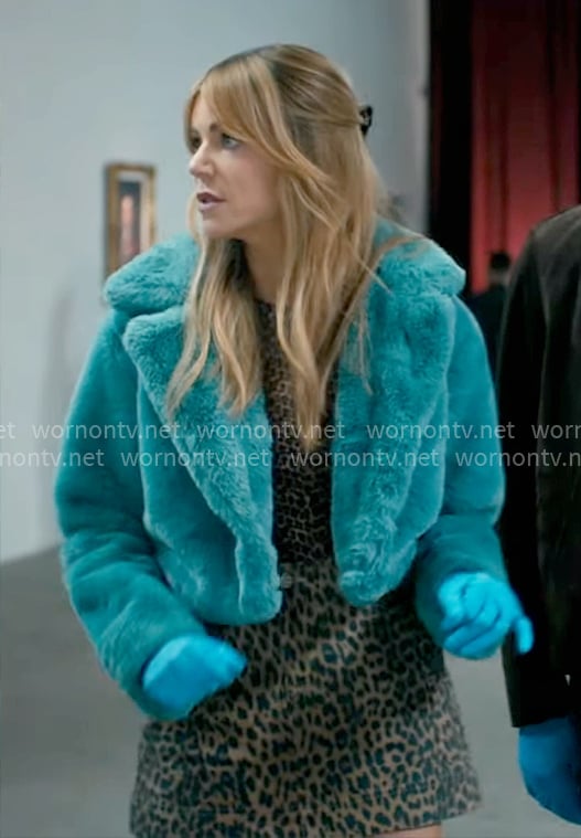 Morgan's turquoise blue fur jacket on High Potential