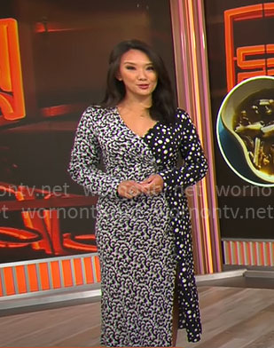 Nancy Chen's mixed print wrap dress on CBS Mornings