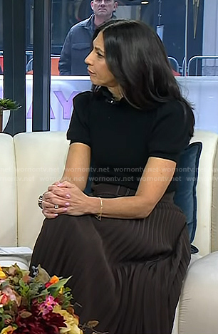Natalie's black puff sleeve top and brown pleated skirt on Today
