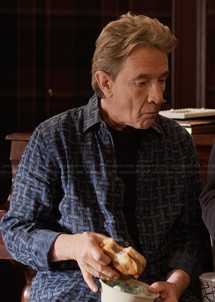 Oliver's blue printed shirt on Only Murders in the Building