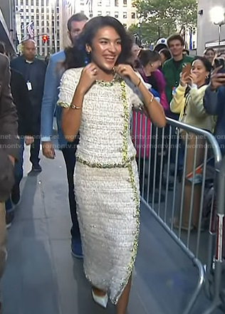 Olivia Dean's tweed short sleeve top and skirt on Today