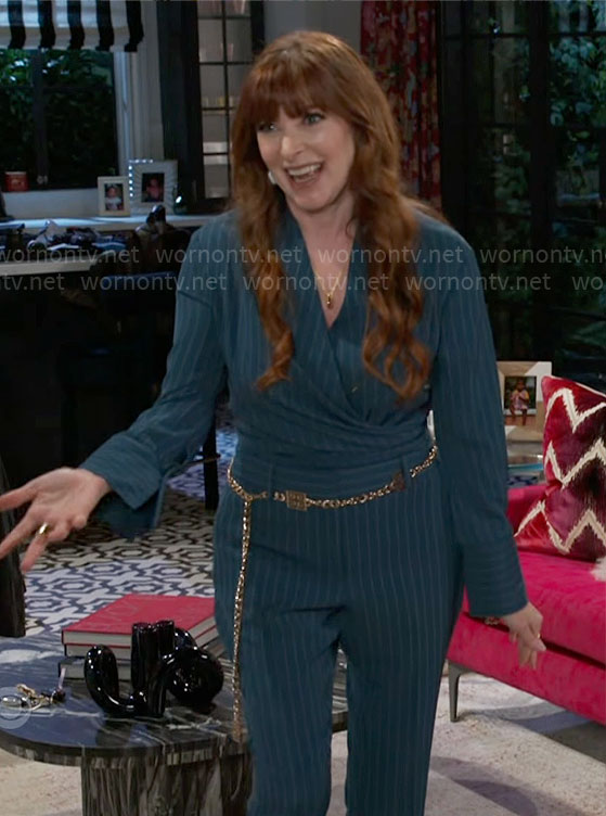 Pamela's teal pinstripe outfit on Beyond the Gates