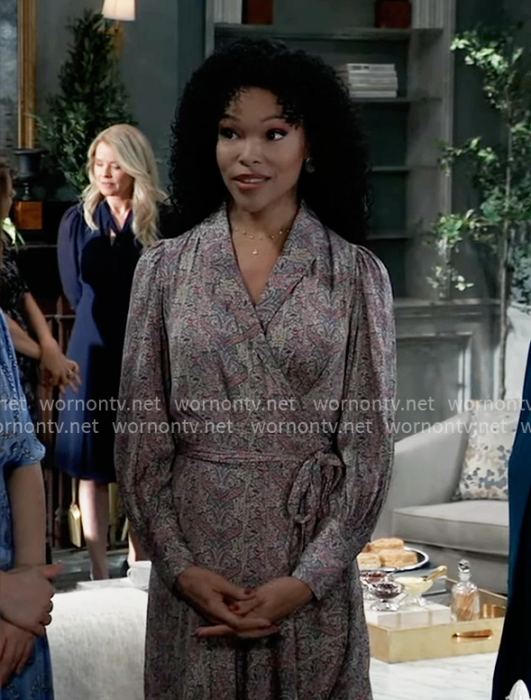 Portia's paisley print wrap dress on General Hospital