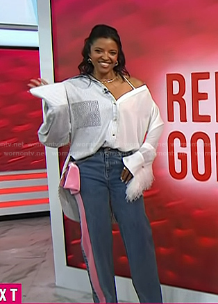 Renee's stripe off-shoulder shirt and bow jeans on Today