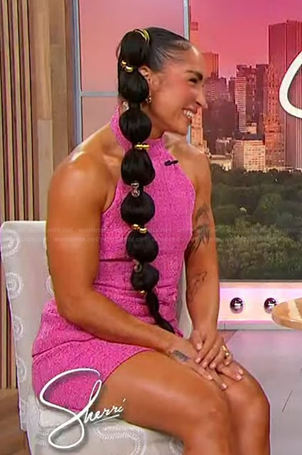 Robin Arzon's pink tweed bow detail top and skirt on Sherri