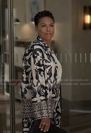 Rosie's blue and white print shirt and pants on Reasonable Doubt