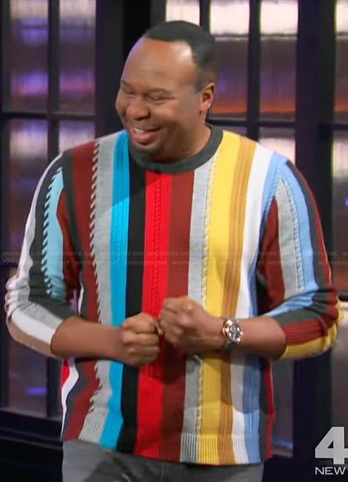 Roy Wood Jr's multicolored stripe sweater on The Kelly Clarkson Show