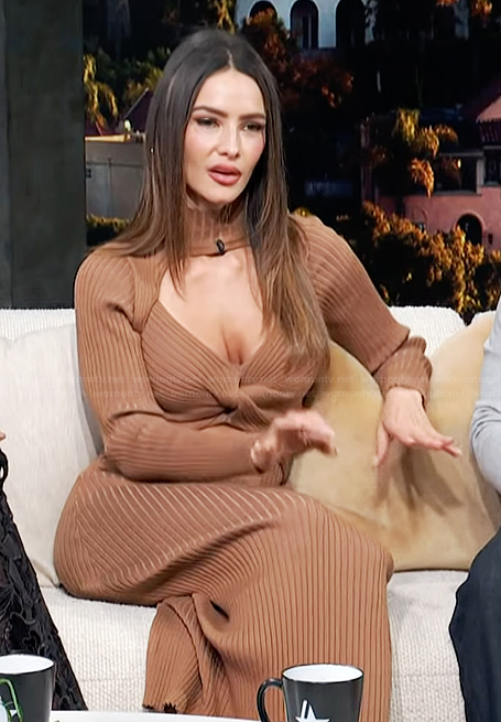 Sandra Vergara's brown ribbed cutout dress on Access Hollywood