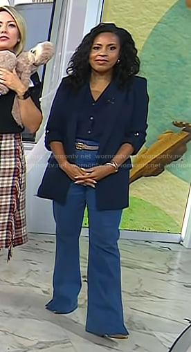 Sheinelle's navy open jacket and flare pants on Today