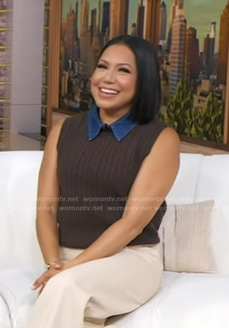 Stephanie's brown cable knit vest with denim collar on Good Morning America