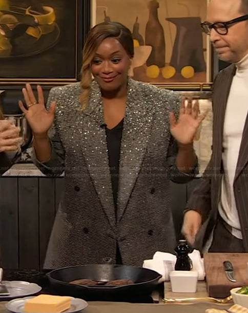 Sunny Anderson's gray embellished blazer on The Drew Barrymore Show