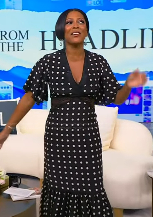 Tamron's black polka dot print lace inset dress on Tamron Hall Show