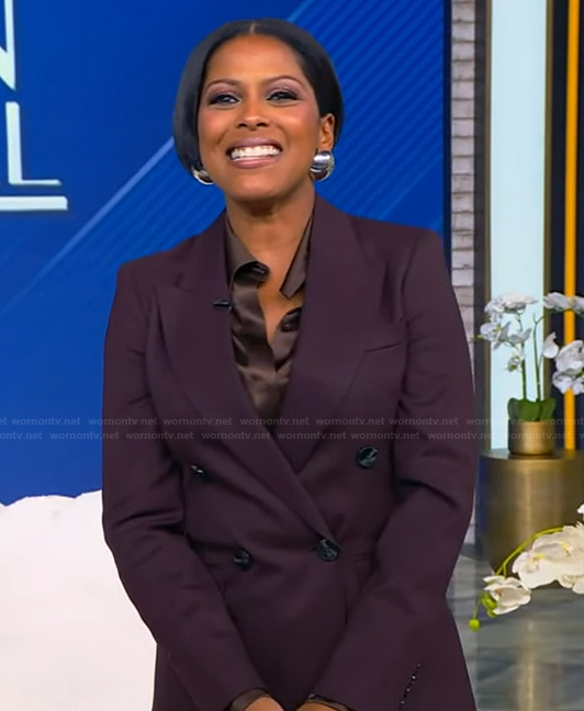 Tamron's burgundy double breasted blazer and pants on Tamron Hall Show