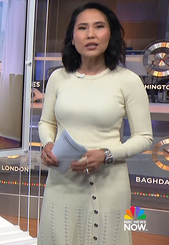 Vicky's white button detail dress on NBC News Daily