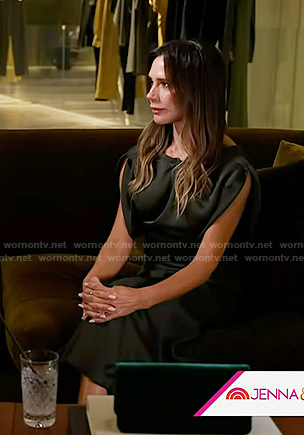 Victoria Beckham's dark green satin top and skirt on Today