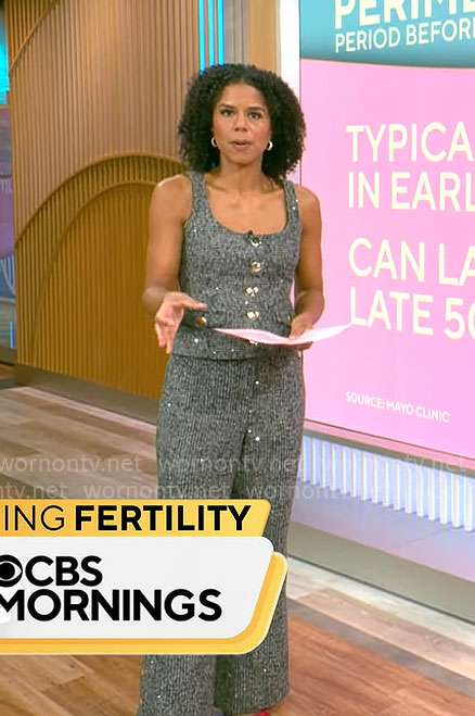 Adriana Diaz's grey tweed button front top and pants set on CBS Mornings