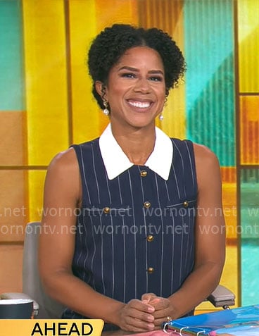 Adriana Diaz's navy pinstripe dress on CBS Mornings