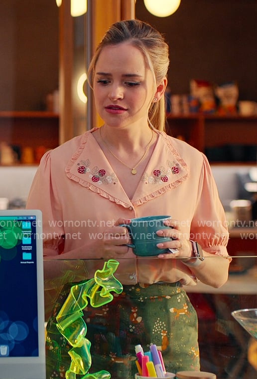 Ainsley's embroidered peach blouse and fox skirt on Loot