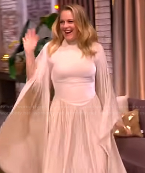 Alicia Silverstone's beige drape maxi dress on The View