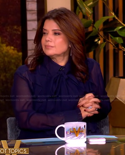 Ana's navy ruffle sheer blouse on The View