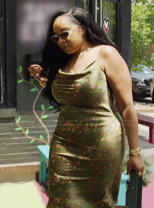 Angel's green floral print maxi dress on The Real Housewives of Potomac