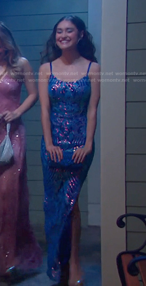 Ari's blue sequin slit dress on Days of our Lives