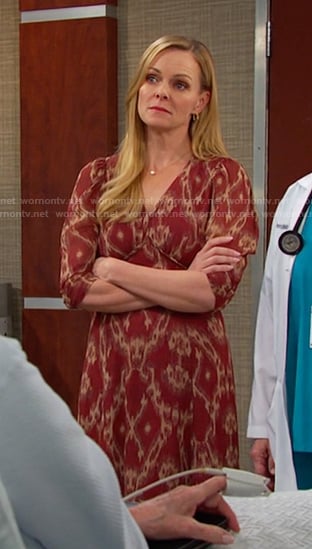Belle's red ikat print v-neck dress on Days of our Lives