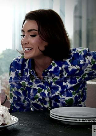 Bronwyn's blue floral button down shirt on The Real Housewives of Salt Lake City