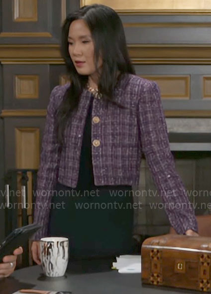 Caroline's purple tweed jacket on Beyond the Gates