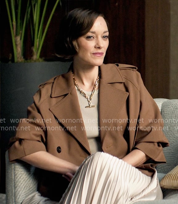 Celine's brown cropped trench on The Morning Show
