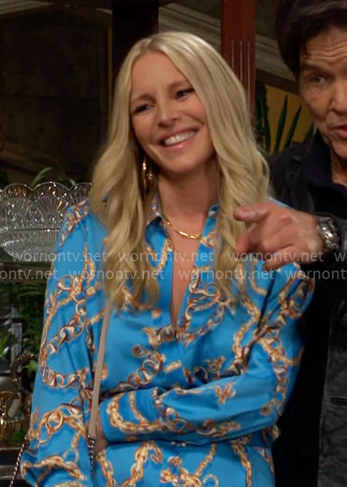 Christine's blue chain print shirtdress on The Young and the Restless