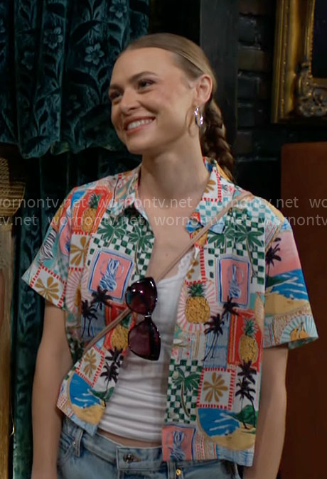 Claire's postcard print vacation shirt on The Young and the Restless