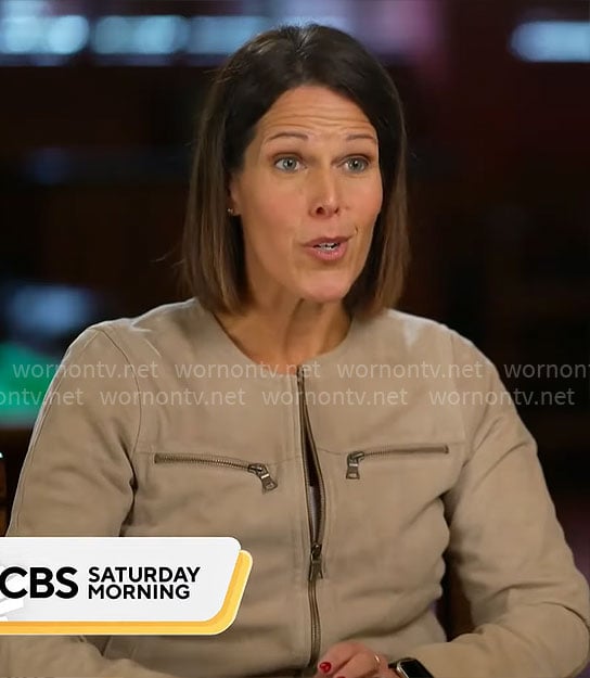 Dana Jacobson's beige suede jacket on CBS Mornings
