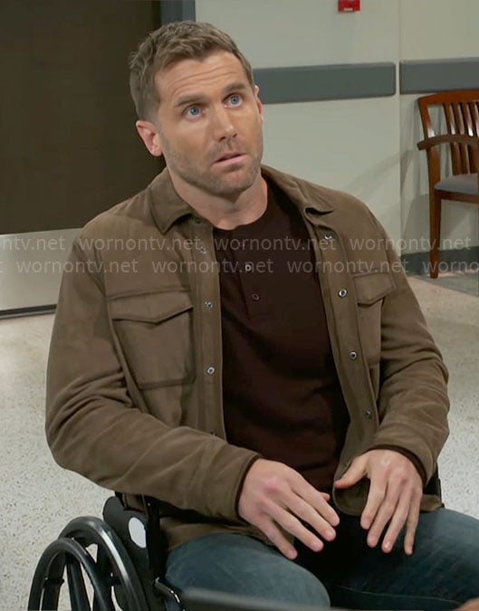 Derek's brown leather shirt jacket on Beyond the Gates