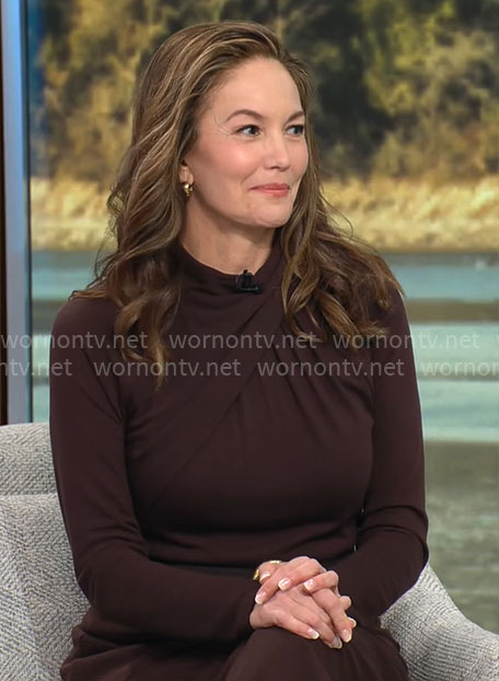 Diane Lane's brown cross neck dress on CBS Mornings