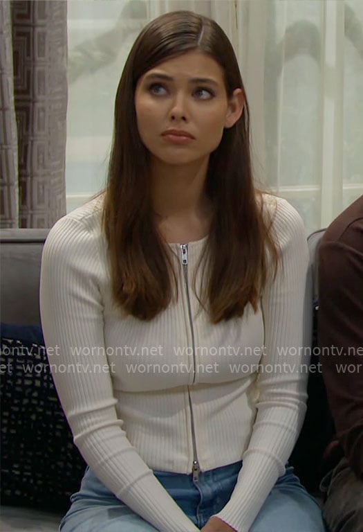 Electra's white ribbed zip up cardigan on The Bold and the Beautiful