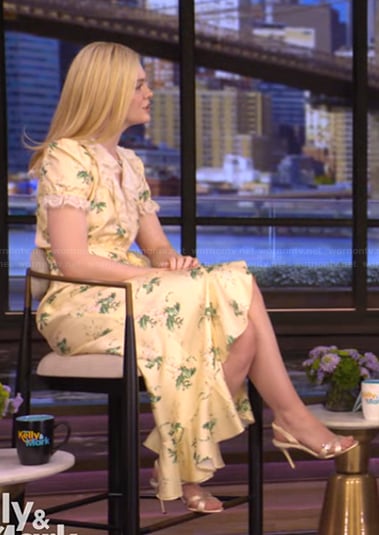 Elle Fanning's yellow floral print dress on Live with Kelly and Mark