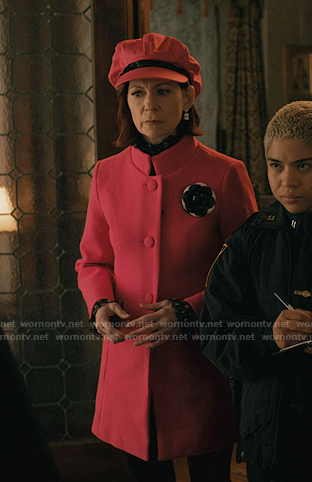 Elsbeth's pink stand collar coat on Elsbeth