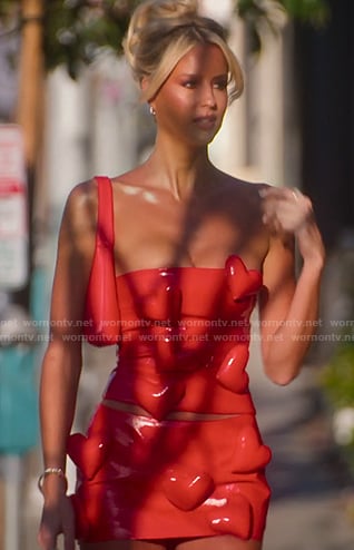 Emma's red 3D heart patent top and mini skirt on Selling Sunset