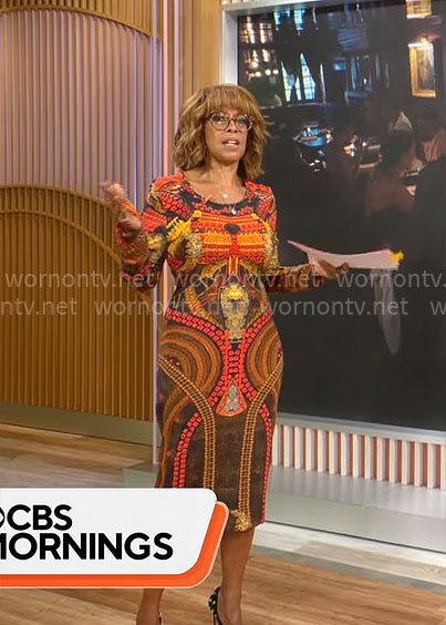 Gayle King's orange printed dress on CBS Mornings