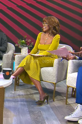 Gayle King's yellow square-neck midi dress on CBS Mornings