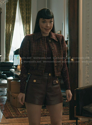 Hannah's red tweed cropped jacket and leather shorts on Elsbeth